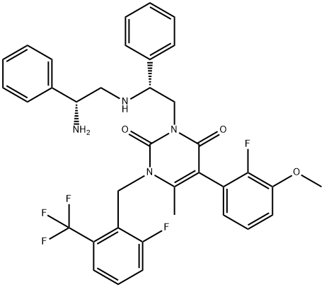 2,4(1H,3H)-Pyrimidinedione, 3-[(2R)-2-[[(2R)-2-amino-2-phenylethyl]amino]-2-phenylethyl]-5-(2-fluoro-3-methoxyphenyl)-1-[[2-fluoro-6-(trifluoromethyl)phenyl]methyl]-6-methyl- Struktur