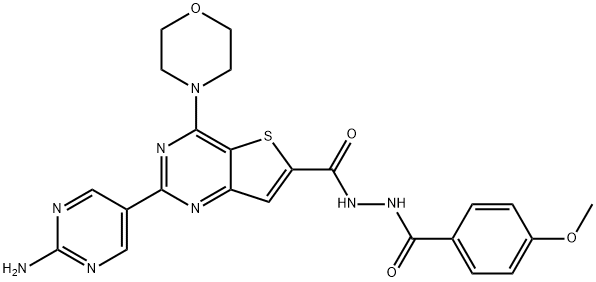 Thieno[3,2-d]pyrimidine-6-carboxylic acid, 2-(2-amino-5-pyrimidinyl)-4-(4-morpholinyl)-, 2-(4-methoxybenzoyl)hydrazide Struktur