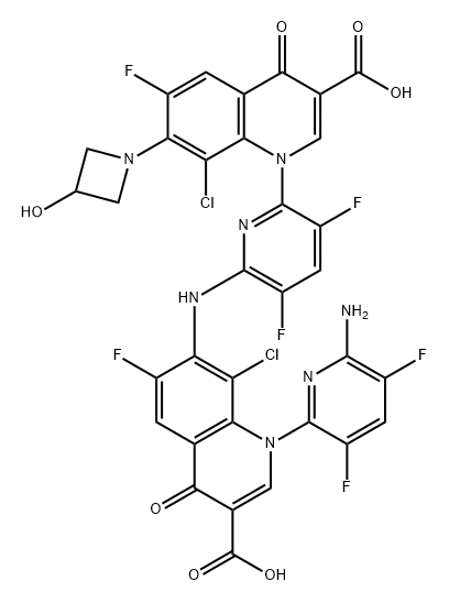 3-Quinolinecarboxylic acid, 1-[6-[[1-(6-amino-3,5-difluoro-2-pyridinyl)-3-carboxy-8-chloro-6-fluoro-1,4-dihydro-4-oxo-7-quinolinyl]amino]-3,5-difluoro-2-pyridinyl]-8-chloro-6-fluoro-1,4-dihydro-7-(3-hydroxy-1-azetidinyl)-4-oxo- Struktur