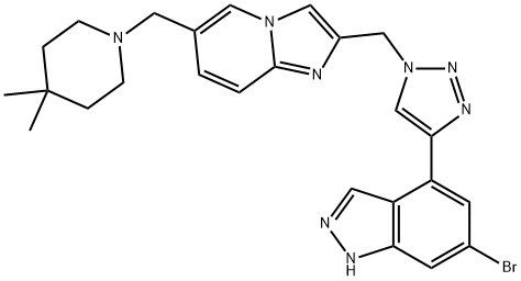 6-Bromo-4-[1-[[6-[(4,4-dimethyl-1-piperidinyl)methyl]imidazo[1,2-a]pyridin-2-yl]methyl]-1H-1,2,3-triazol-4-yl]-1H-indazole Struktur