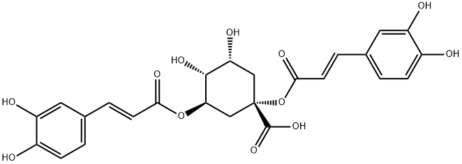 Cyclohexanecarboxylic acid, 1,3-bis[[(2E)-3-(3,4-dihydroxyphenyl)-1-oxo-2-propen-1-yl]oxy]-4,5-dihydroxy-, (1S,3R,4R,5R)- Struktur