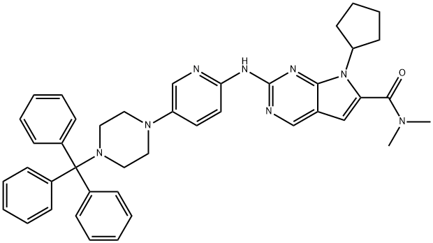 7-Cyclopentyl-N,N-dimethyl-2-[[5-[4-(triphenylmethyl)-1-piperazinyl]-2-pyridinyl]amino]-7H-pyrrolo[2,3-d]pyrimidine-6-carboxamide Struktur