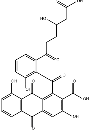 2-Anthracenecarboxylic acid, 1-[2-(5-carboxy-4-hydroxy-1-oxopentyl)-6-hydroxybenzoyl]-9,10-dihydro-3,8-dihydroxy-9,10-dioxo- Struktur