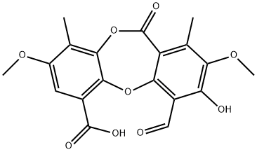 11H-Dibenzo[b,e][1,4]dioxepin-6-carboxylic acid, 4-formyl-3-hydroxy-2,8-dimethoxy-1,9-dimethyl-11-oxo- Struktur