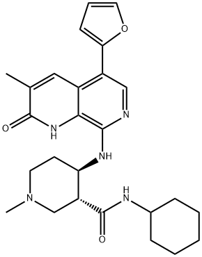 3-Piperidinecarboxamide, N-cyclohexyl-4-[[5-(2-furanyl)-1,2-dihydro-3-methyl-2-oxo-1,7-naphthyridin-8-yl]amino]-1-methyl-, (3R,4R)- Struktur