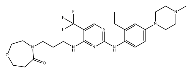 1,4-Oxazepin-5(2H)-one, 4-[3-[[2-[[2-ethyl-4-(4-methyl-1-piperazinyl)phenyl]amino]-5-(trifluoromethyl)-4-pyrimidinyl]amino]propyl]tetrahydro- Struktur