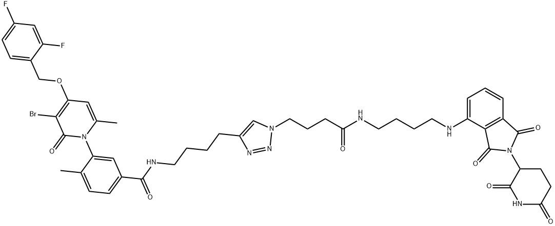 4-[4-[[3-[3-Bromo-4-[(2,4-difluorophenyl)methoxy]-6-methyl-2-oxo-1(2H)-pyridinyl]-4-methylbenzoyl]amino]butyl]-N-[4-[[2-(2,6-dioxo-3-piperidinyl)-2,3-dihydro-1,3-dioxo-1H-isoindol-4-yl]amino]butyl]-1H-1,2,3-triazole-1-butanamide Struktur