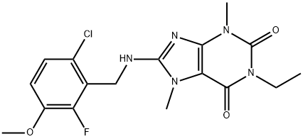 1H-Purine-2,6-dione, 8-[[(6-chloro-2-fluoro-3-methoxyphenyl)methyl]amino]-1-ethyl-3,7-dihydro-3,7-dimethyl- Struktur