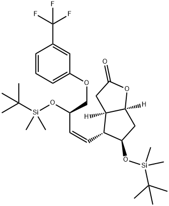 2H-Cyclopenta[b]furan-2-one, 5-[[(1,1-dimethylethyl)dimethylsilyl]oxy]-4-[(1Z,3R)-3-[[(1,1-dimethylethyl)dimethylsilyl]oxy]-4-[3-(trifluoromethyl)phenoxy]-1-buten-1-yl]hexahydro-, (3aR,4R,5R,6aS)- Struktur