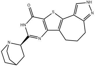 Pyrazolo[4'',3'':3',4']cyclohepta[1',2':4,5]thieno[3,2-d]pyrimidin-10(9H)-one, 8-(2R)-1-azabicyclo[2.2.2]oct-2-yl-2,4,5,6-tetrahydro- Struktur