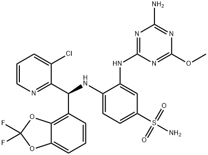 Benzenesulfonamide, 3-[(4-amino-6-methoxy-1,3,5-triazin-2-yl)amino]-4-[[(S)-(3-chloro-2-pyridinyl)(2,2-difluoro-1,3-benzodioxol-4-yl)methyl]amino]- Struktur