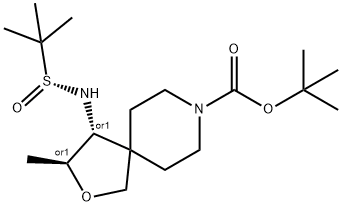 2-Oxa-8-azaspiro[4.5]decane-8-carboxylic acid, 4-[[(R)-(1,1-dimethylethyl)sulfinyl]amino]-3-methyl-, 1,1-dimethylethyl ester, (3S,4R)-rel- Struktur