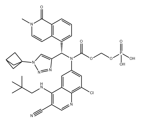 Carbamic acid, N-[(S)-(1-bicyclo[1.1.1]pent-1-yl-1H-1,2,3-triazol-4-yl)(1,2-dihydro-2-methyl-1-oxo-5-isoquinolinyl)methyl]-N-[8-chloro-3-cyano-4-[(2,2-dimethylpropyl)amino]-6-quinolinyl]-, (phosphonooxy)methyl ester Struktur