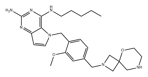 5H-Pyrrolo[3,2-d]pyrimidine-2,4-diamine, 5-[[2-methoxy-4-(5-oxa-2,8-diazaspiro[3.5]non-2-ylmethyl)phenyl]methyl]-N4-pentyl- Struktur