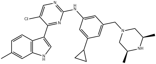 2-Pyrimidinamine, 5-chloro-N-[3-cyclopropyl-5-[[(3R,5S)-3,5-dimethyl-1-piperazinyl]methyl]phenyl]-4-(6-methyl-1H-indol-3-yl)- Struktur