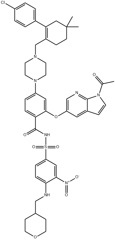 Benzamide, 2-[(1-acetyl-1H-pyrrolo[2,3-b]pyridin-5-yl)oxy]-4-[4-[[2-(4-chlorophenyl)-4,4-dimethyl-1-cyclohexen-1-yl]methyl]-1-piperazinyl]-N-[[3-nitro-4-[[(tetrahydro-2H-pyran-4-yl)methyl]amino]phenyl]sulfonyl]- Struktur