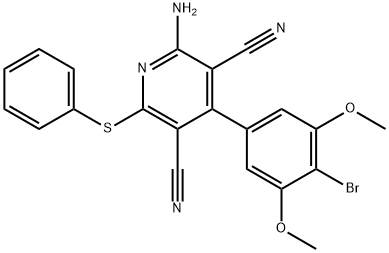 3,5-Pyridinedicarbonitrile, 2-amino-4-(4-bromo-3,5-dimethoxyphenyl)-6-(phenylthio)- Struktur