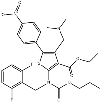 3-Thiophenecarboxylic acid, 2-[[(2,6-difluorophenyl)methyl](propoxycarbonyl)amino]-4-[(dimethylamino)methyl]-5-(4-nitrophenyl)-, ethyl ester Struktur