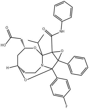 5,9-Epoxy-3H-oxireno[3,4]pyrrolo[2,1-b][1,3]oxazocine-3-acetic acid, 9-(4-fluorophenyl)octahydro-1b-(1-methylethyl)-9a-phenyl-1a-[(phenylamino)carbonyl]-, (3R,5R)- Struktur