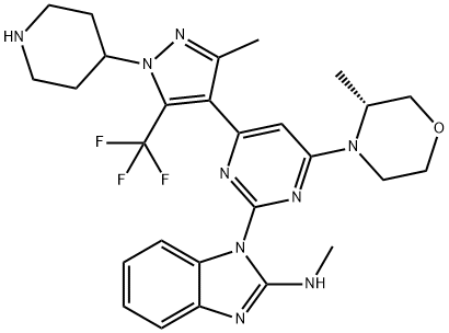 1H-Benzimidazol-2-amine, N-methyl-1-[4-[(3R)-3-methyl-4-morpholinyl]-6-[3-methyl-1-(4-piperidinyl)-5-(trifluoromethyl)-1H-pyrazol-4-yl]-2-pyrimidinyl]- Struktur