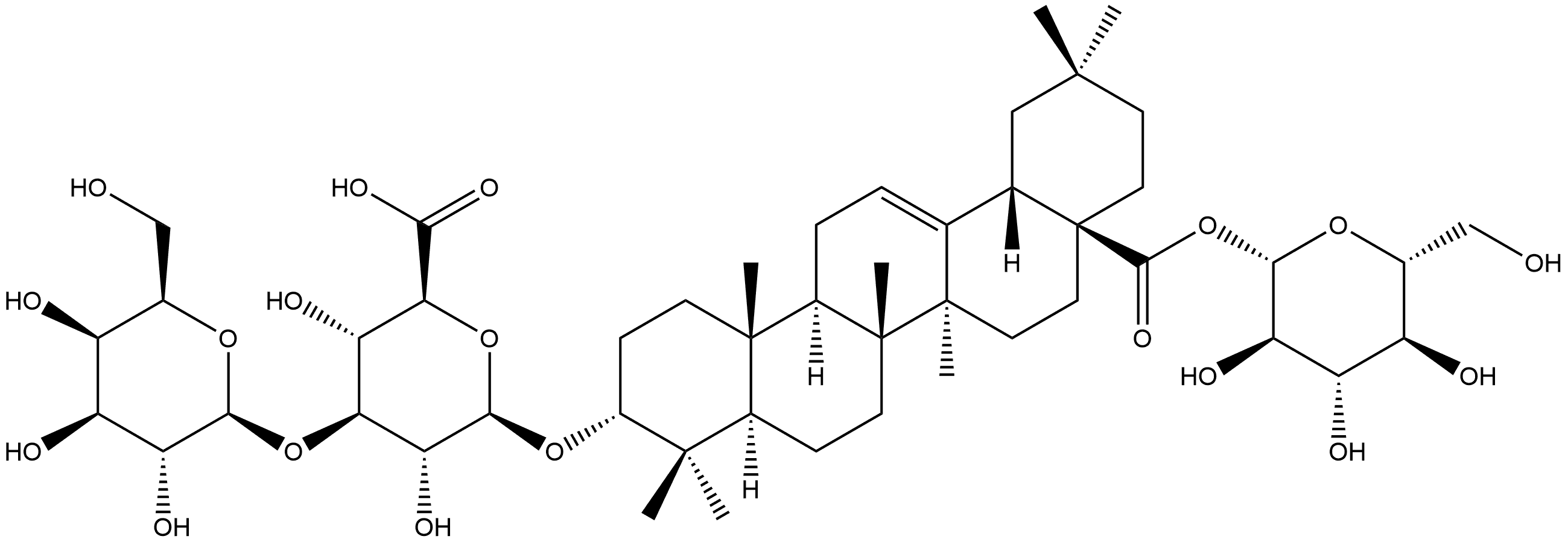 β-D-Glucopyranosiduronic acid, (3β)-28-(β-D-glucopyranosyloxy)-28-oxoolean-12-en-3-yl 3-O-β-D-galactopyranosyl- Struktur