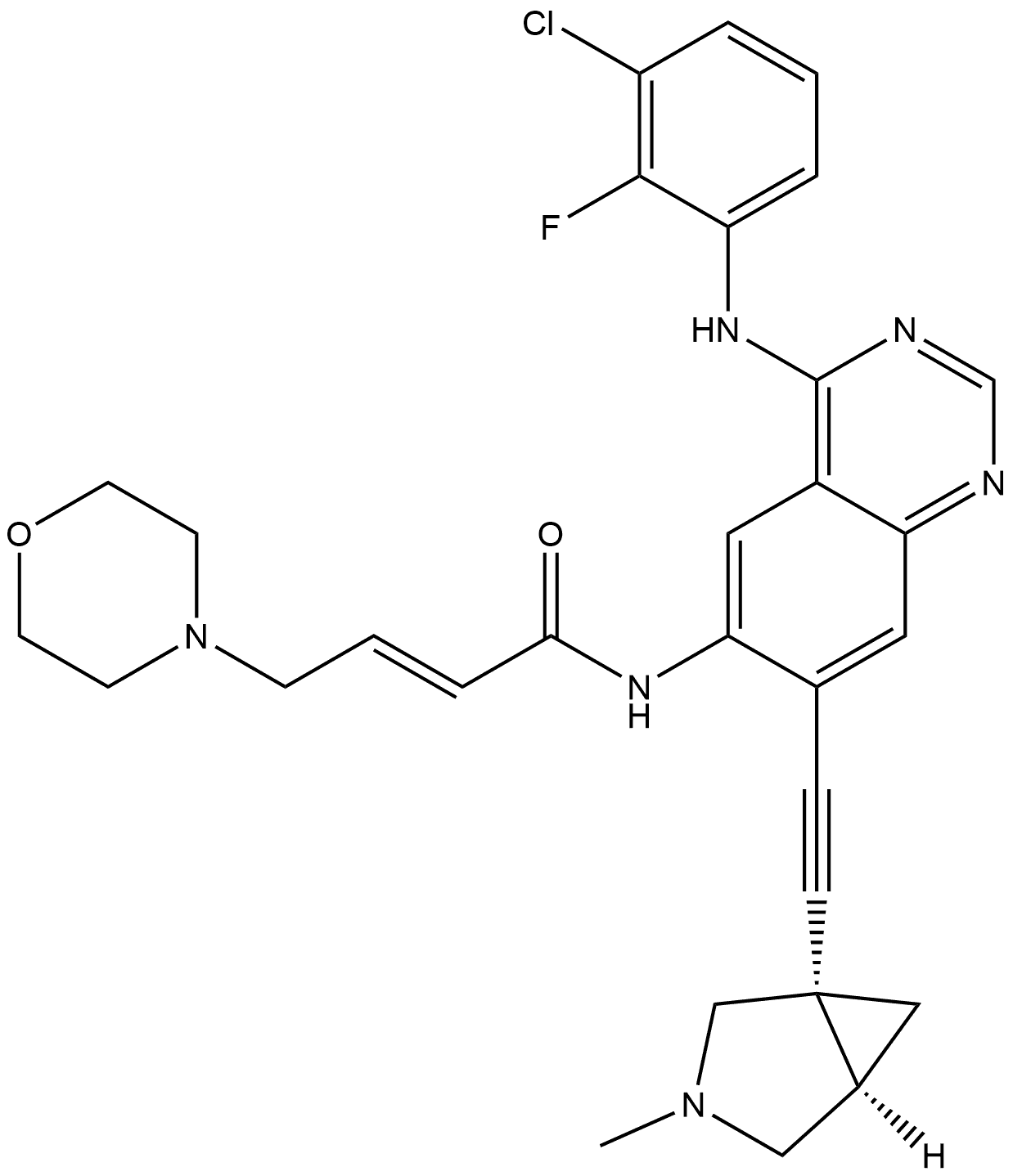 (2E)-N-[4-[(3-Chloro-2-fluorophenyl)amino]-7-[2-[(1S,5R)-3-methyl-3-azabicyclo[3.1.0]hex-1-yl]ethynyl]-6-quinazolinyl]-4-(4-morpholinyl)-2-butenamide Struktur