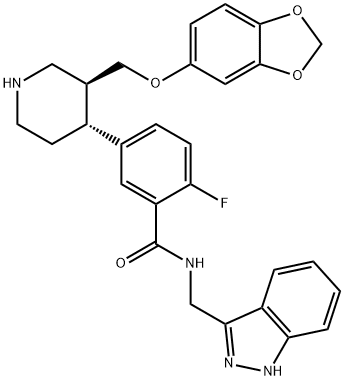 Benzamide, 5-[(3S,4R)-3-[(1,3-benzodioxol-5-yloxy)methyl]-4-piperidinyl]-2-fluoro-N-(1H-indazol-3-ylmethyl)- Struktur