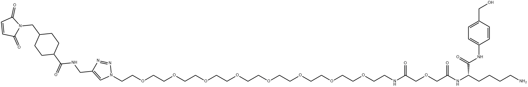 6,12,15,18,21,24,27,30,33-Nonaoxa-3,9-diazapentatriacontanamide, 2-(4-aminobutyl)-35-[4-[[[[4-[(2,5-dihydro-2,5-dioxo-1H-pyrrol-1-yl)methyl]cyclohexyl]carbonyl]amino]methyl]-1H-1,2,3-triazol-1-yl]-N-[4-(hydroxymethyl)phenyl]-4,8-dioxo-, (2S)- Struktur