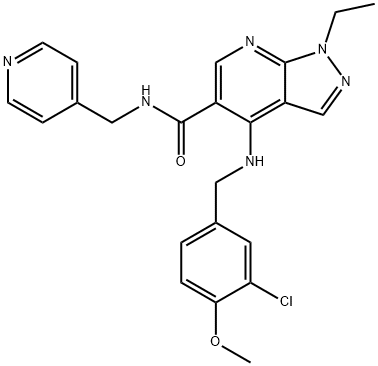 1H-Pyrazolo[3,4-b]pyridine-5-carboxamide, 4-[[(3-chloro-4-methoxyphenyl)methyl]amino]-1-ethyl-N-(4-pyridinylmethyl)- Struktur