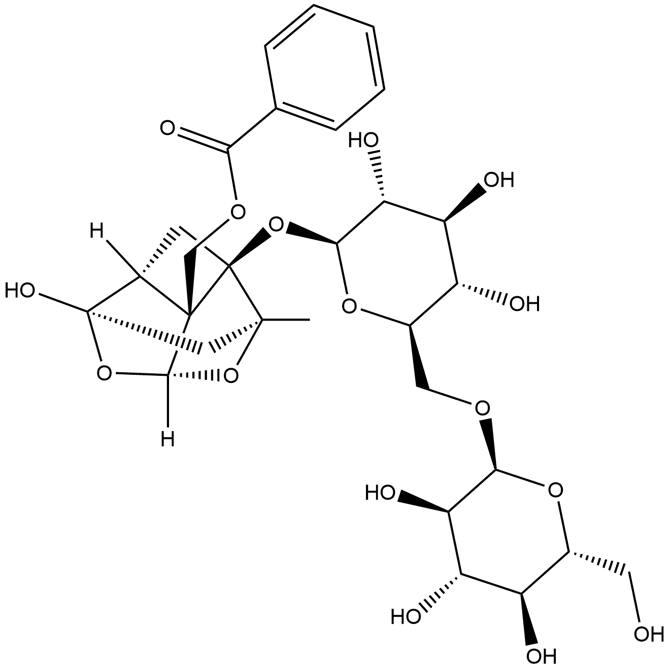 β-D-Glucopyranoside, (1aR,2S,3aR,5R,5aR,5bS)-5b-[(benzoyloxy)methyl]tetrahydro-5-hydroxy-2-methyl-2,5-methano-1H-3,4-dioxacyclobuta[cd]pentalen-1a(2H)-yl 6-O-α-D-glucopyranosyl- (9CI) Struktur