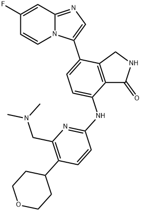 7-[[6-[(Dimethylamino)methyl]-5-(tetrahydro-2H-pyran-4-yl)-2-pyridinyl]amino]-4-(7-fluoroimidazo[1,2-a]pyridin-3-yl)-2,3-dihydro-1H-isoindol-1-one Struktur