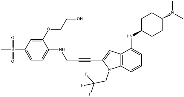 Ethanol, 2-[2-[[3-[4-[[trans-4-(dimethylamino)cyclohexyl]amino]-1-(2,2,2-trifluoroethyl)-1H-indol-2-yl]-2-propyn-1-yl]amino]-5-(methylsulfonyl)phenoxy]- Struktur