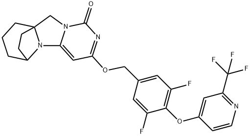 10H-6,9a-Ethano-1H-pyrido[1',2':3,4]imidazo[1,2-c]pyrimidin-1-one, 3-[[3,5-difluoro-4-[[2-(trifluoromethyl)-4-pyridinyl]oxy]phenyl]methoxy]-6,7,8,9-tetrahydro- Struktur