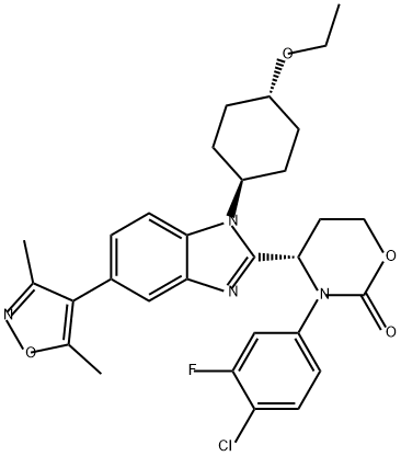 2H-1,3-Oxazin-2-one, 3-(4-chloro-3-fluorophenyl)-4-[5-(3,5-dimethyl-4-isoxazolyl)-1-(trans-4-ethoxycyclohexyl)-1H-benzimidazol-2-yl]tetrahydro-, (4S)- Struktur