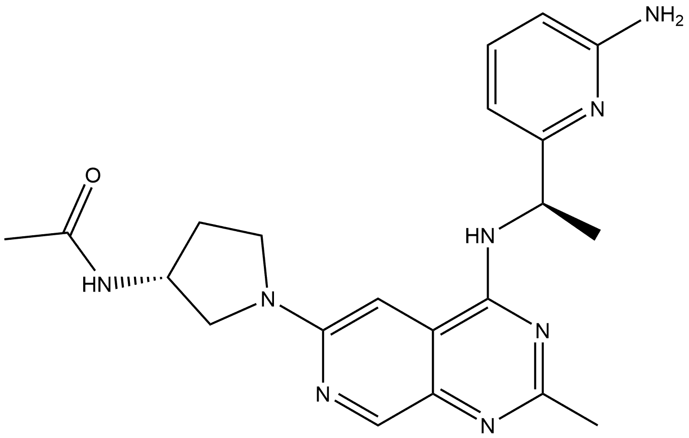 N-((R)-1-(4-(((R)-1-(6-aminopyridin-2-yl)ethyl)amino)-2-methylpyrido[3,4-d]pyrimidin-6-yl)pyrrolidin-3-yl)acetamide Struktur