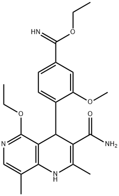 Benzenecarboximidic acid, 4-[3-(aminocarbonyl)-5-ethoxy-1,4-dihydro-2,8-dimethyl-1,6-naphthyridin-4-yl]-3-methoxy-, ethyl ester Struktur