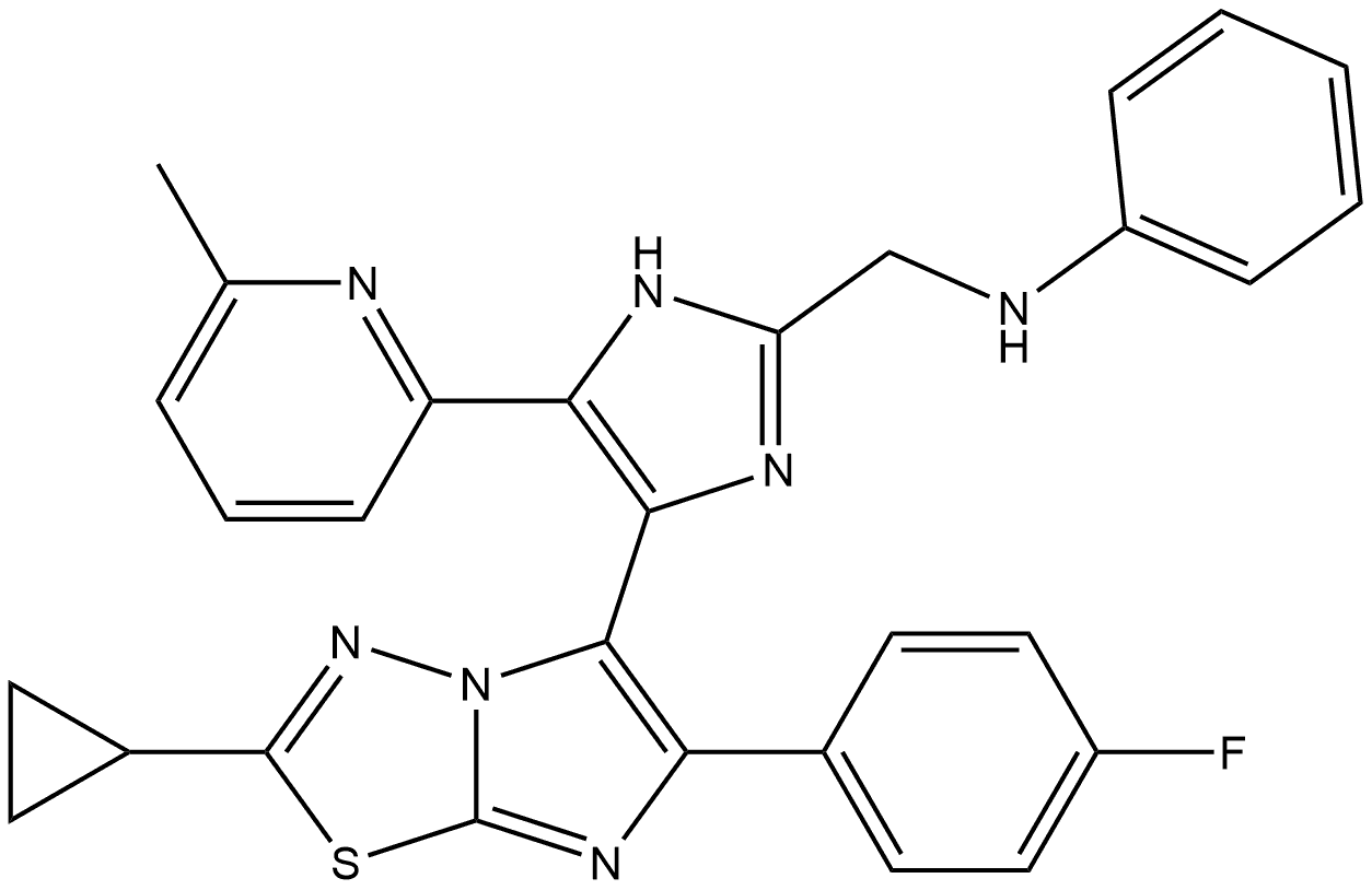 4-[2-Cyclopropyl-6-(4-fluorophenyl)imidazo[2,1-b]-1,3,4-thiadiazol-5-yl]-5-(6-methyl-2-pyridinyl)-N-phenyl-1H-imidazole-2-methanamine Struktur