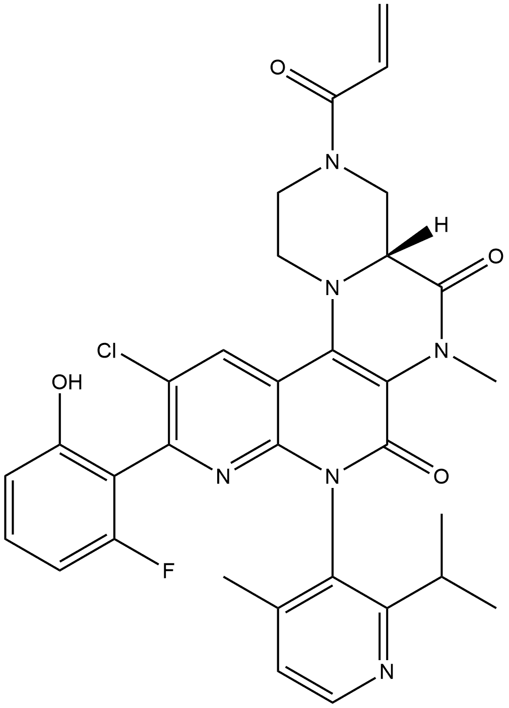 1H-Pyrazino[1',2':4,5]pyrazino[2,3-c][1,8]naphthyridine-5,7-dione, 11-chloro-10-(2-fluoro-6-hydroxyphenyl)-2,3,4,4a,6,8-hexahydro-6-methyl-8-[4-methyl-2-(1-methylethyl)-3-pyridinyl]-3-(1-oxo-2-propen-1-yl)-, (4aR,8R)- Struktur