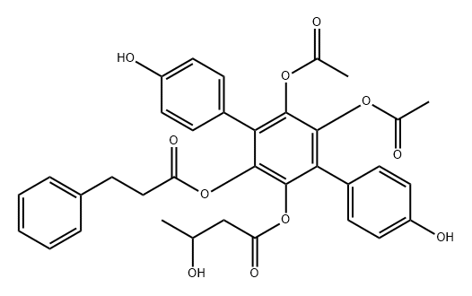 Benzenepropanoic acid, 5',6'-bis(acetyloxy)-4,4''-dihydroxy-3'-(3-hydroxy-1-oxobutoxy)[1,1':4',1''-terphenyl]-2'-yl ester (9CI) Struktur