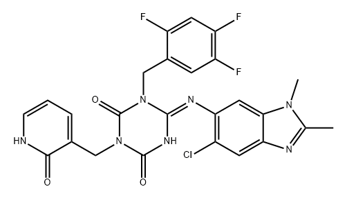 1,3,5-Triazine-2,4(1H,3H)-dione, 6-[(5-chloro-1,2-dimethyl-1H-benzimidazol-6-yl)imino]-3-[(1,2-dihydro-2-oxo-3-pyridinyl)methyl]dihydro-1-[(2,4,5-trifluorophenyl)methyl]-, (6E)- Struktur