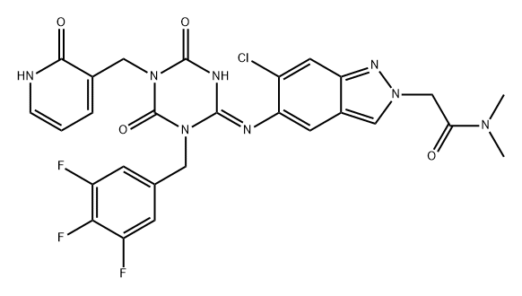 2H-Indazole-2-acetamide, 6-chloro-5-[(E)-[5-[(1,2-dihydro-2-oxo-3-pyridinyl)methyl]tetrahydro-4,6-dioxo-1-[(3,4,5-trifluorophenyl)methyl]-1,3,5-triazin-2(1H)-ylidene]amino]-N,N-dimethyl- Struktur