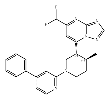 [1,2,4]Triazolo[1,5-a]pyrimidine, 5-(difluoromethyl)-7-[(3R,4S)-4-methyl-1-(4-phenyl-2-pyridinyl)-3-piperidinyl]-, rel- Struktur