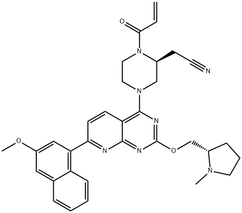 2-Piperazineacetonitrile, 4-[7-(3-methoxy-1-naphthalenyl)-2-[[(2S)-1-methyl-2-pyrrolidinyl]methoxy]pyrido[2,3-d]pyrimidin-4-yl]-1-(1-oxo-2-propen-1-yl)-, (2S)- Struktur