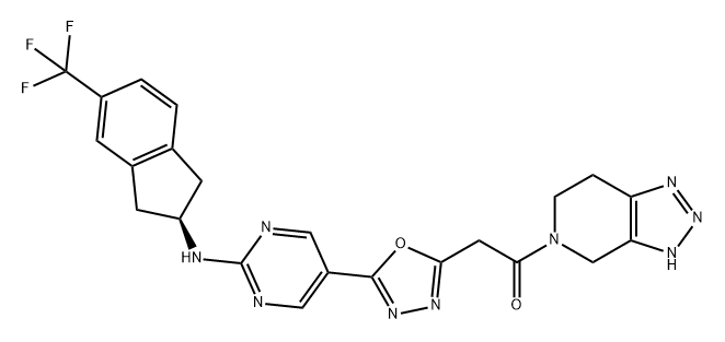 Ethanone, 2-[5-[2-[[(2R)-2,3-dihydro-5-(trifluoromethyl)-1H-inden-2-yl]amino]-5-pyrimidinyl]-1,3,4-oxadiazol-2-yl]-1-(3,4,6,7-tetrahydro-5H-1,2,3-triazolo[4,5-c]pyridin-5-yl)- Struktur