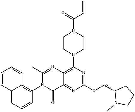 Pyrimido[5,4-d]pyrimidin-4(3H)-one, 2-methyl-6-[[(2S)-1-methyl-2-pyrrolidinyl]methoxy]-3-(1-naphthalenyl)-8-[4-(1-oxo-2-propen-1-yl)-1-piperazinyl]- Struktur