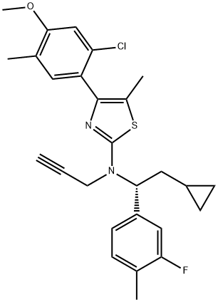 2-Thiazolamine, 4-(2-chloro-4-methoxy-5-methylphenyl)-N-[(1R)-2-cyclopropyl-1-(3-fluoro-4-methylphenyl)ethyl]-5-methyl-N-2-propyn-1-yl- Struktur