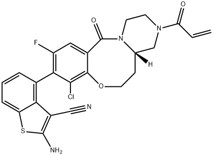 Benzo[b]thiophene-3-carbonitrile, 2-amino-4-[(4aS)-8-chloro-10-fluoro-2,3,4,4a,5,6-hexahydro-12-oxo-3-(1-oxo-2-propen-1-yl)-1H,12H-pyrazino[2,1-d][1,5]benzoxazocin-9-yl]- Struktur