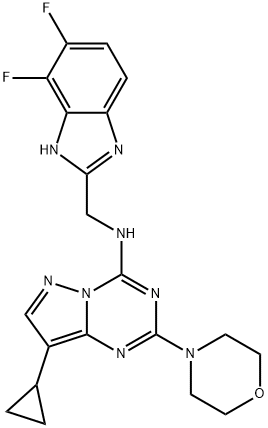 Pyrazolo[1,5-a]-1,3,5-triazin-4-amine, 8-cyclopropyl-N-[(6,7-difluoro-1H-benzimidazol-2-yl)methyl]-2-(4-morpholinyl)- Struktur