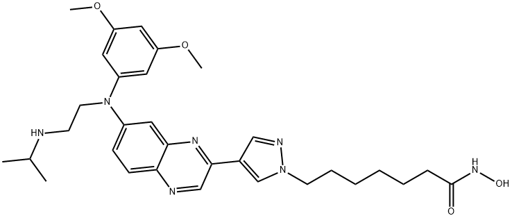 1H-Pyrazole-1-heptanamide, 4-[7-[(3,5-dimethoxyphenyl)[2-[(1-methylethyl)amino]ethyl]amino]-2-quinoxalinyl]-N-hydroxy- Struktur