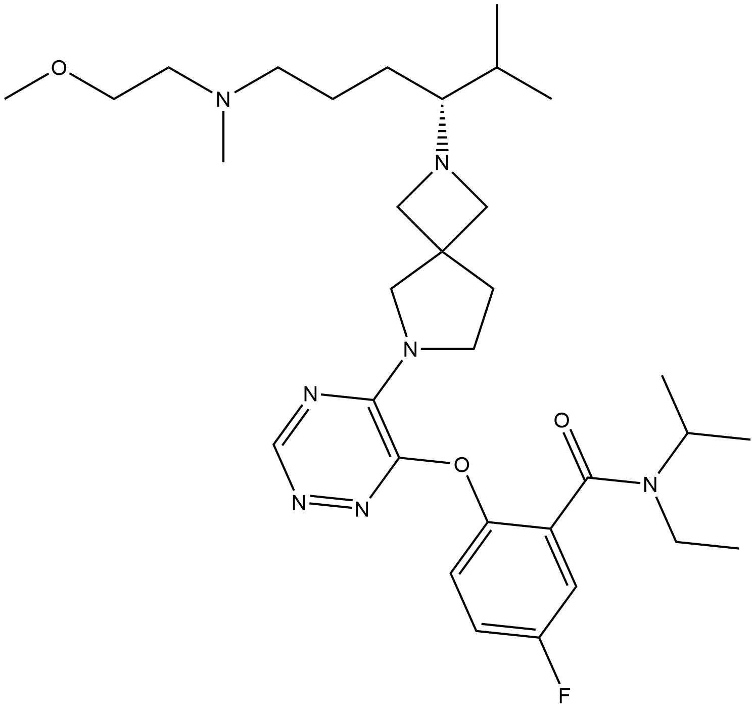 Benzamide, N-ethyl-5-fluoro-2-[[5-[2-[(1R)-4-[(2-methoxyethyl)methylamino]-1-(1-methylethyl)butyl]-2,6-diazaspiro[3.4]oct-6-yl]-1,2,4-triazin-6-yl]oxy]-N-(1-methylethyl)- Struktur